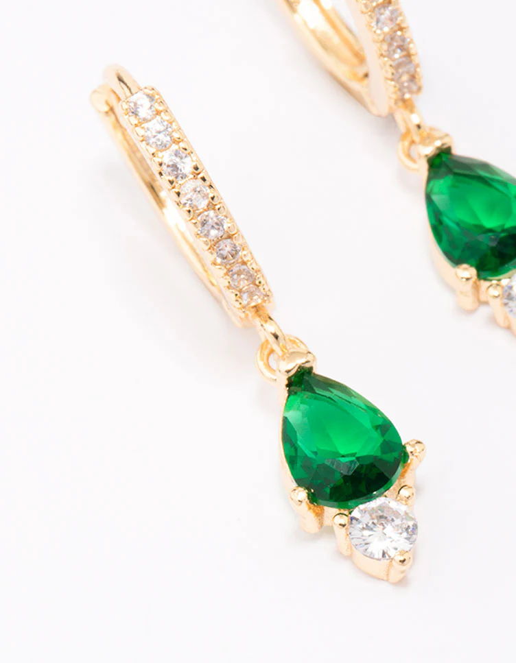 Gold Plated Pave Pear Round Drop Earrings - Image 2
