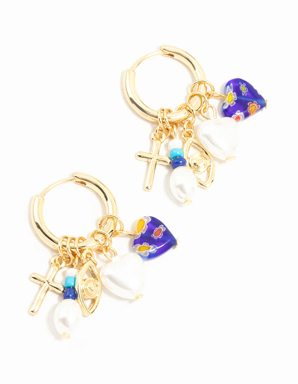 Gold Plated Pearl & Blue Heart Huggie Earrings