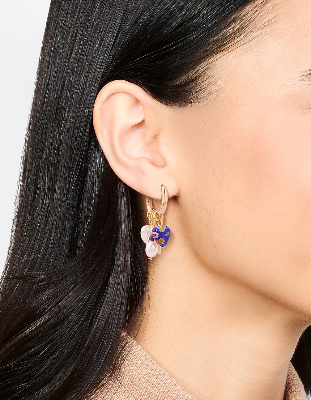 Gold Plated Pearl & Blue Heart Huggie Earrings - Image 2