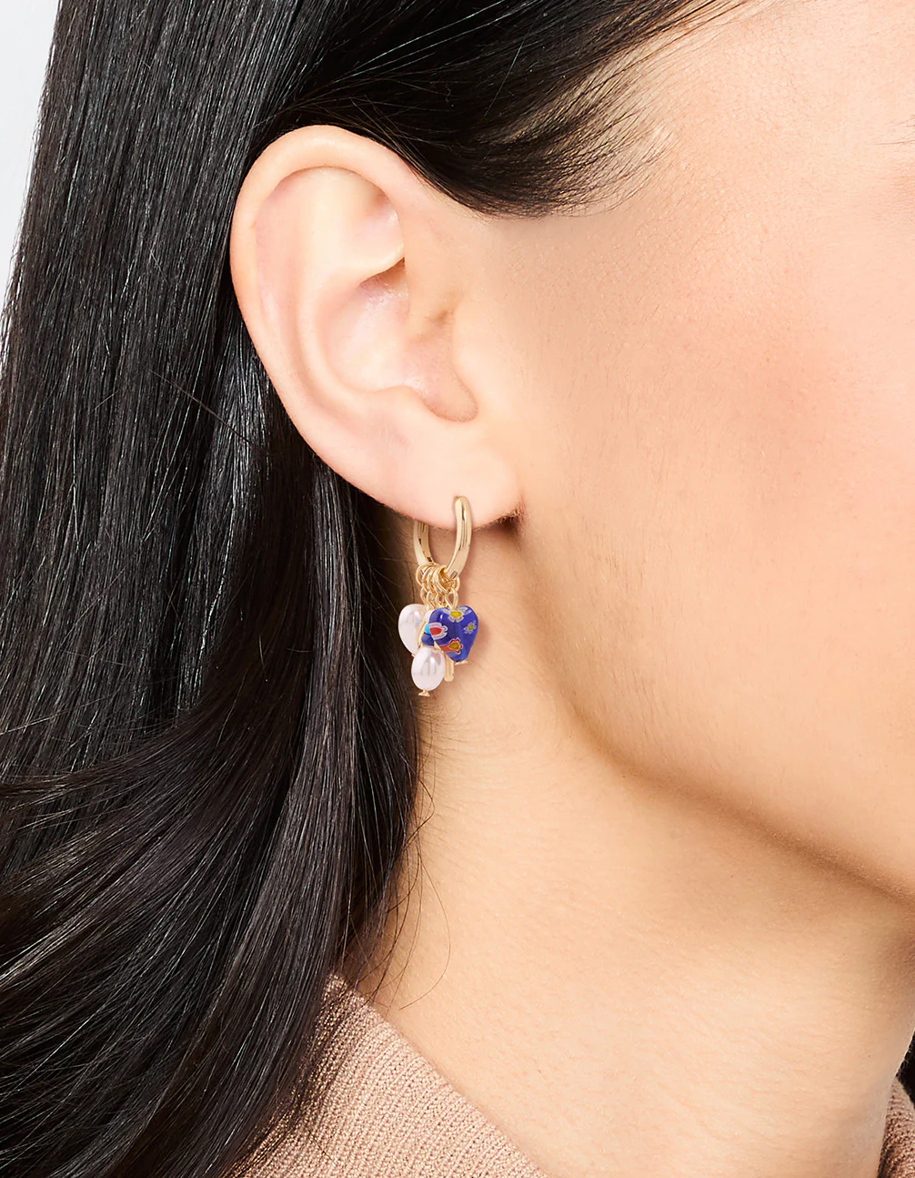 Gold Plated Pearl & Blue Heart Huggie Earrings - Image 4