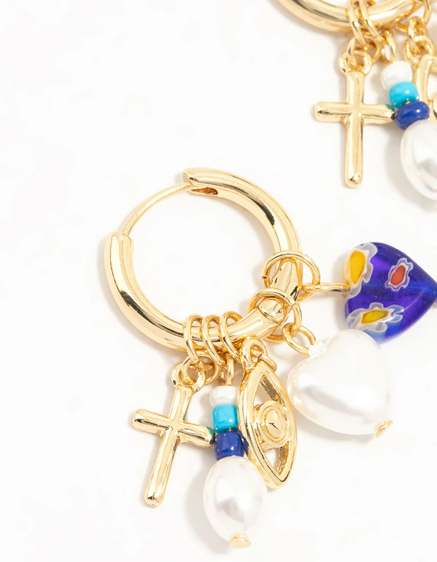 Gold Plated Pearl & Blue Heart Huggie Earrings - Image 6