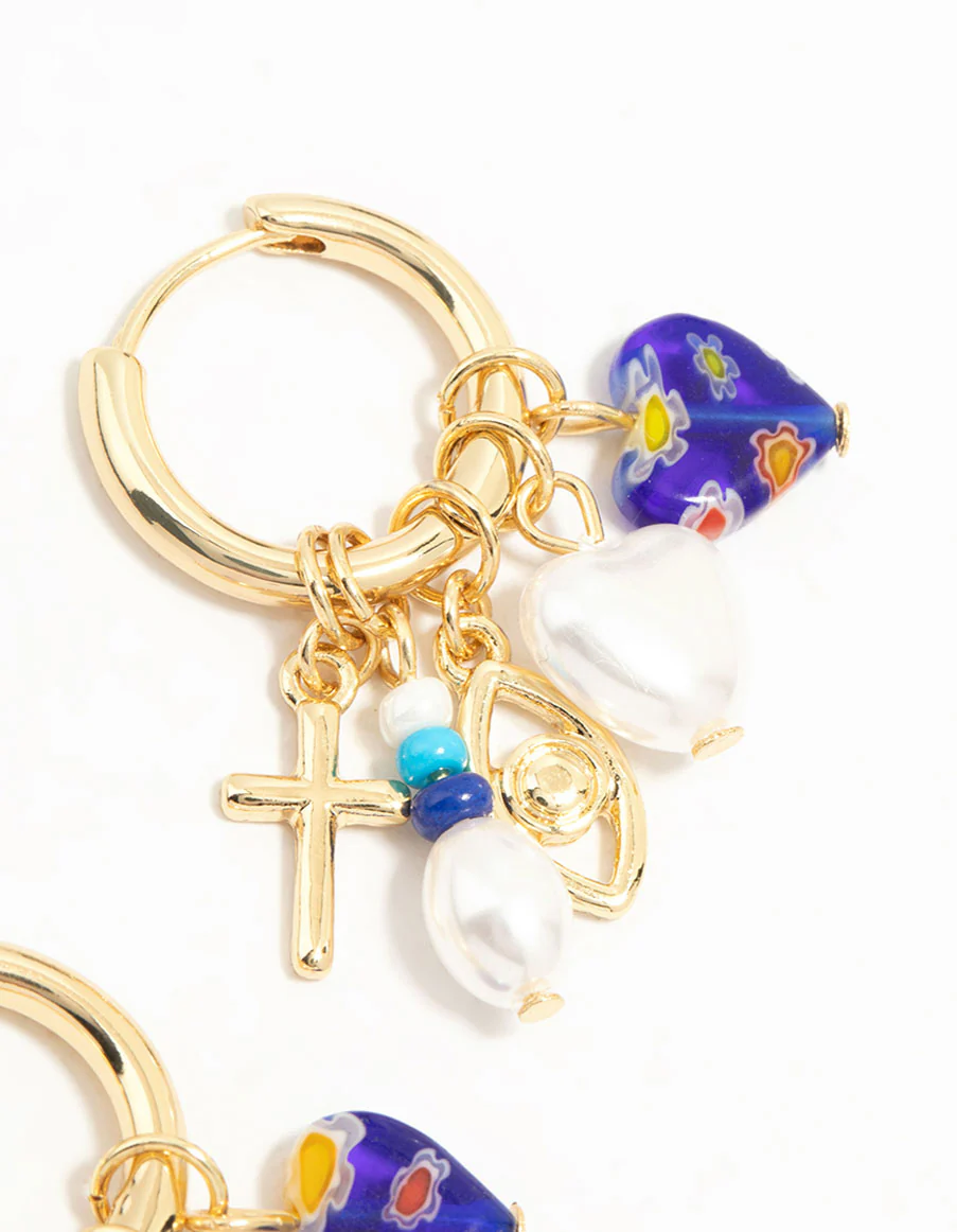Gold Plated Pearl & Blue Heart Huggie Earrings - Image 7