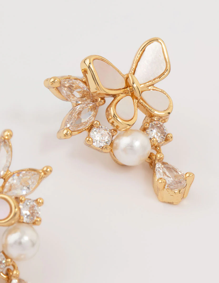 Gold Plated Pearl Butterfly Mini Drop Earrings - Image 5