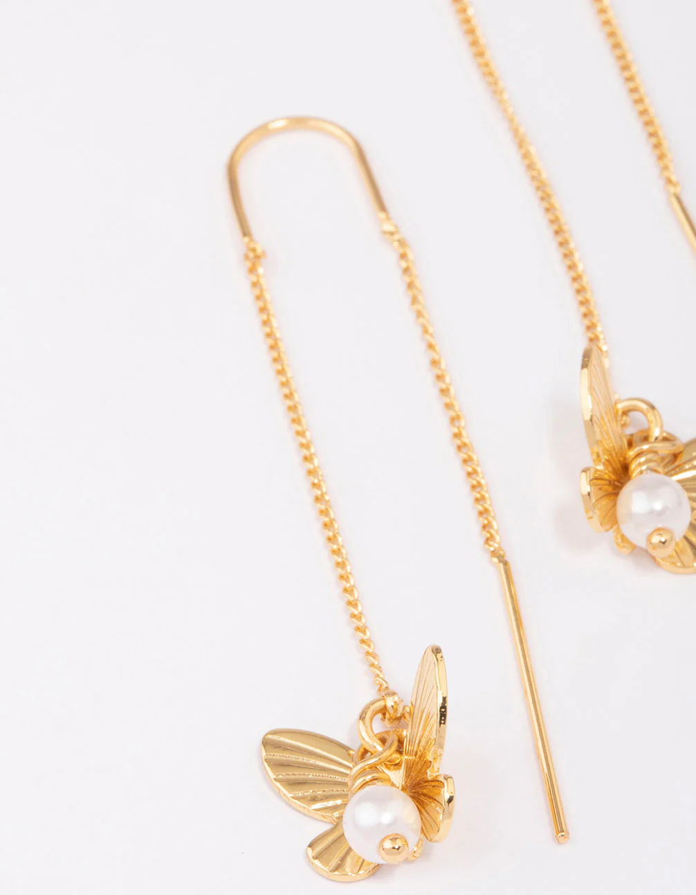 Gold Plated Pearl Butterfly Thread Through Earrings - Image 3