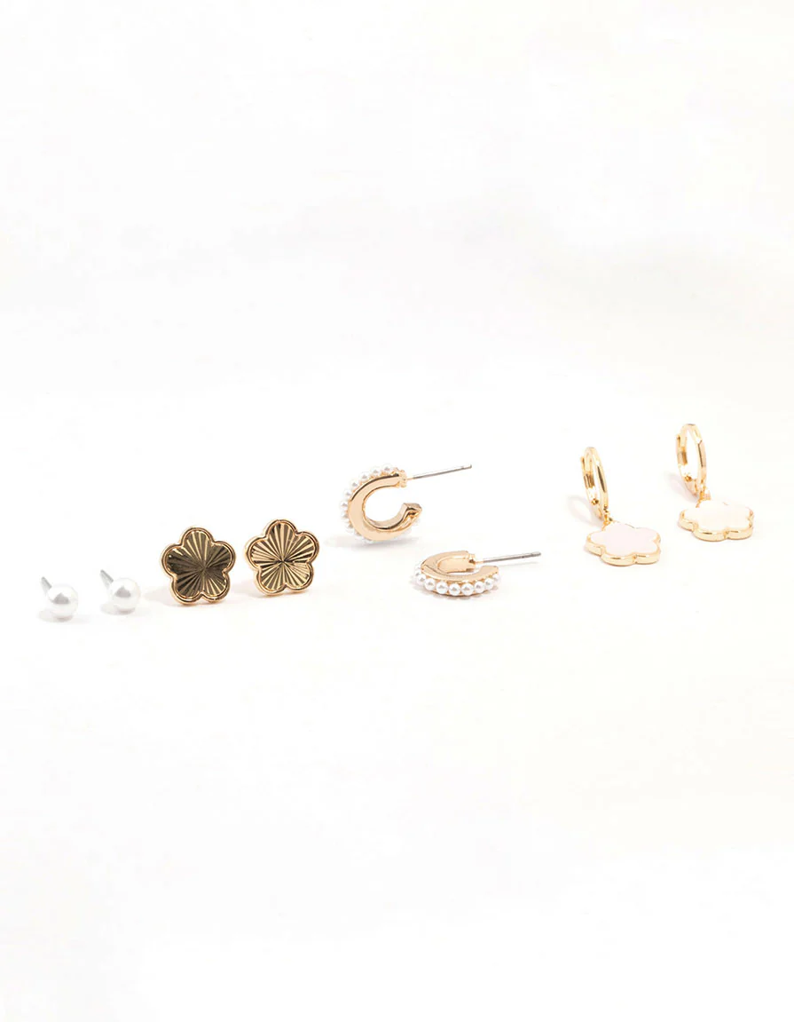 Gold Pearl & Flower Earrings 4-Pack