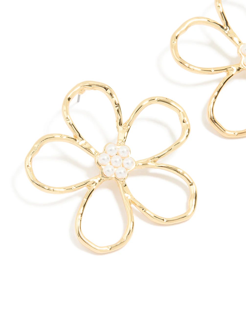 Gold Plated Pearl Flower Cut Out Textured Earrings - Image 2