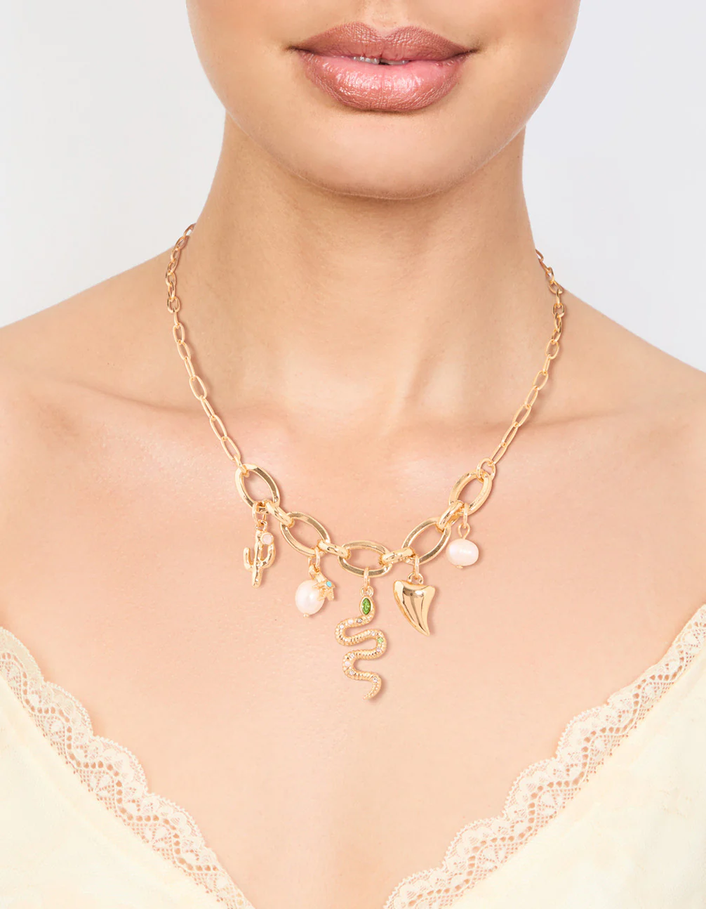 Gold Plated Pearl & Snake Charm Necklace - Image 2
