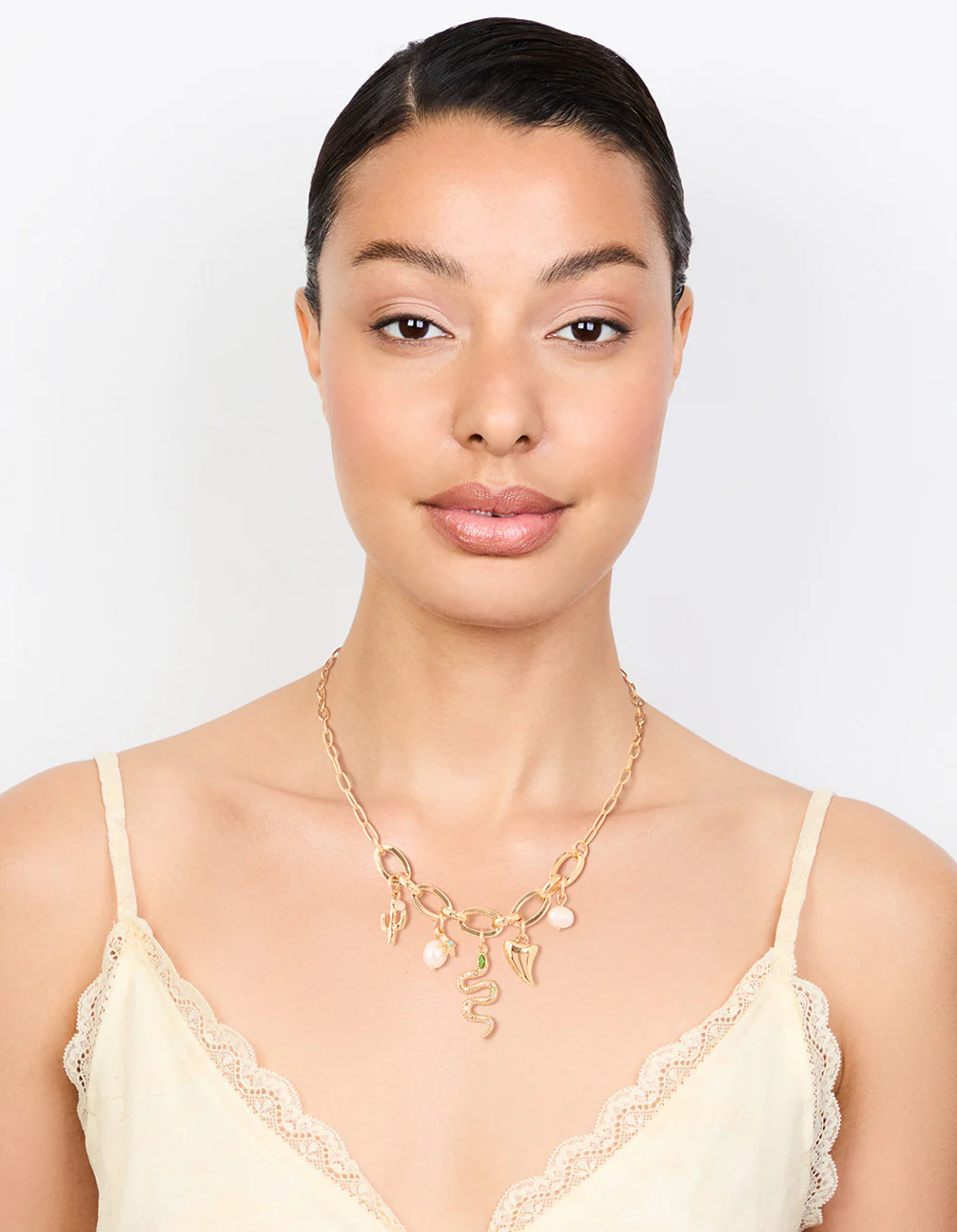 Gold Plated Pearl & Snake Charm Necklace - Image 3