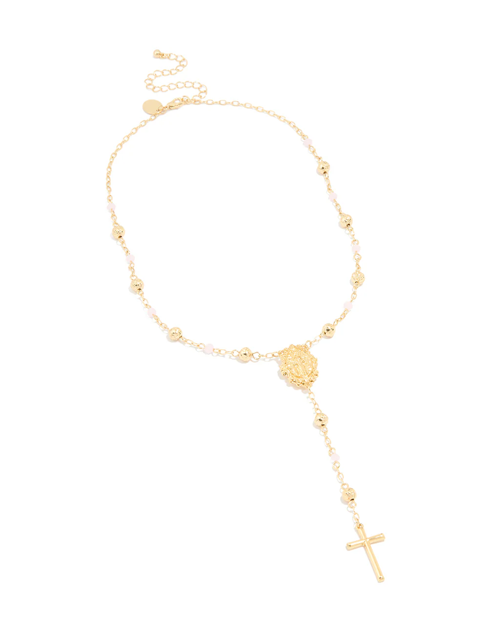 Gold Plated Pink Beaded Lariat Cross Necklace - Image 2