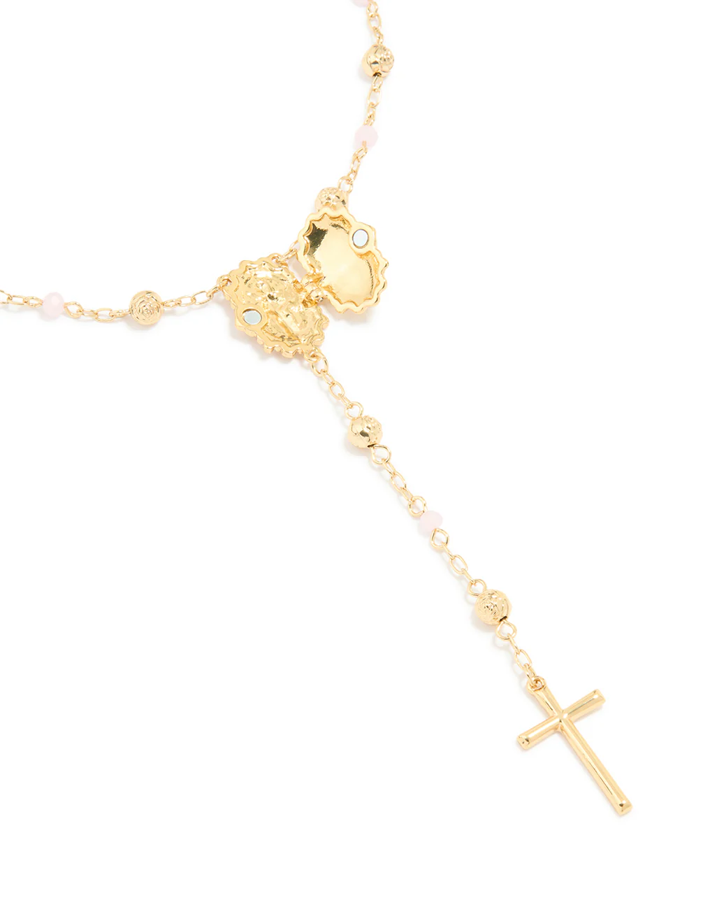 Gold Plated Pink Beaded Lariat Cross Necklace - Image 3