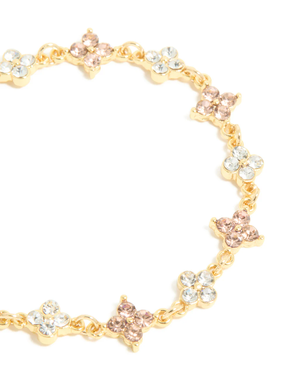 Gold Plated Pink & Clear Cubic Zirconia Flowers Charm Bracelet - Image 3