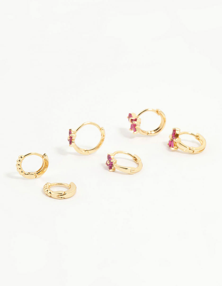 Gold Plated Pink Cubic Zirconia Bow Huggie Earrings 3-Pack