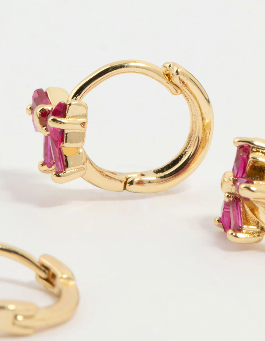 Gold Plated Pink Cubic Zirconia Bow Huggie Earrings 3-Pack - Image 3