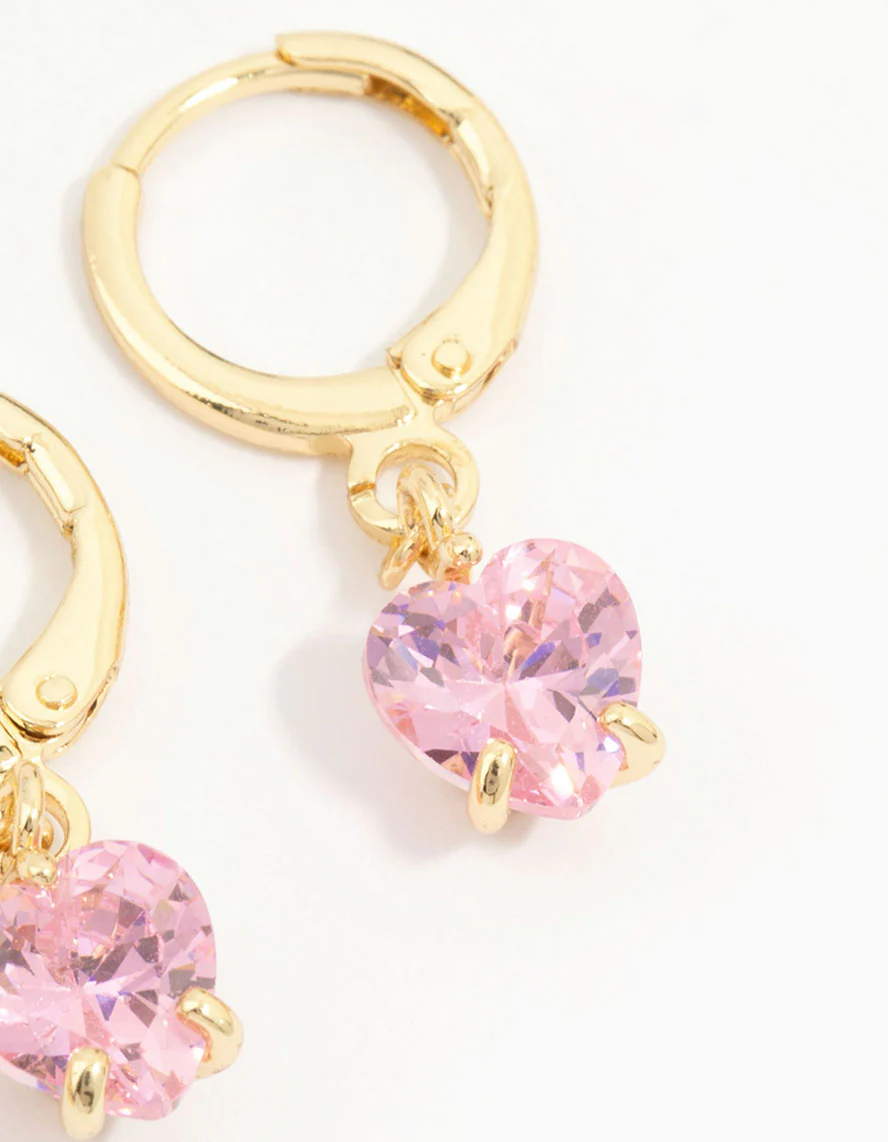 Gold Plated Pink Cubic Zirconia Flower & Heart Earrings 3-Pack - Image 3