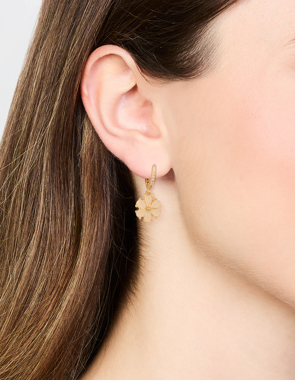 Gold Plated Pink Floral Cubic Zirconia Huggie Earrings - Image 2