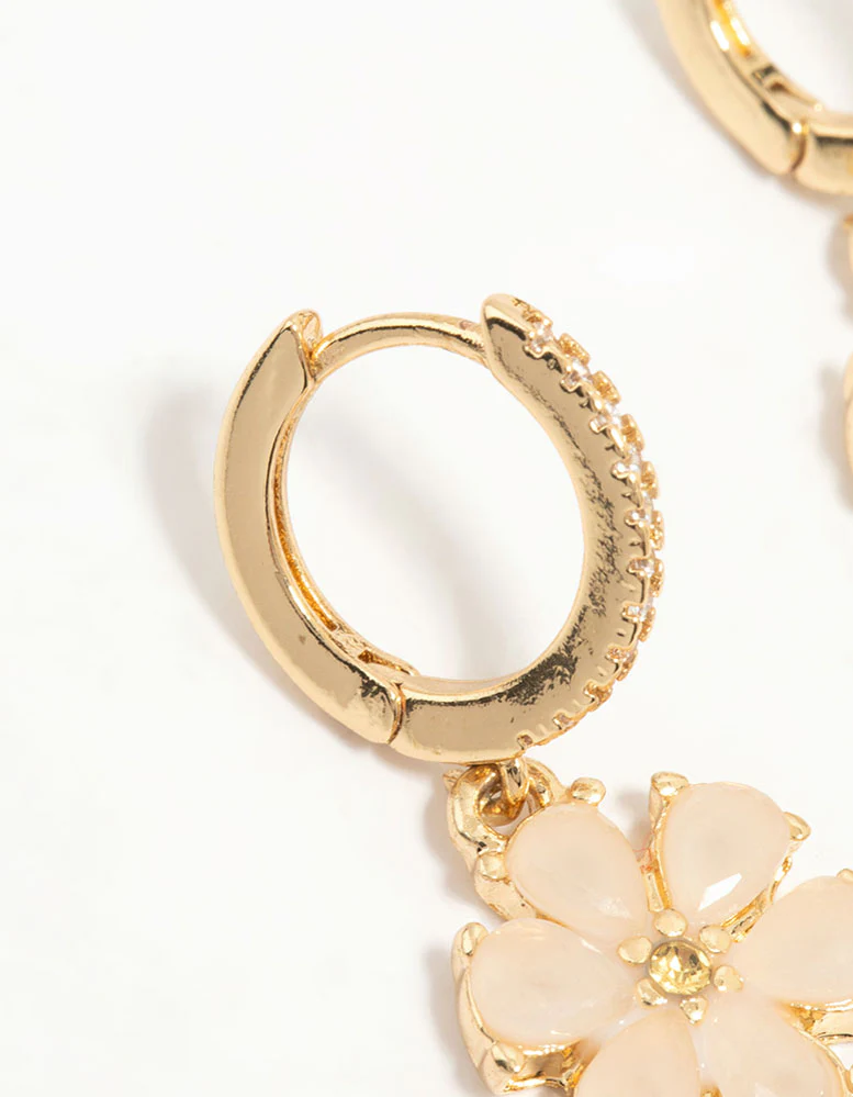 Gold Plated Pink Floral Cubic Zirconia Huggie Earrings - Image 4