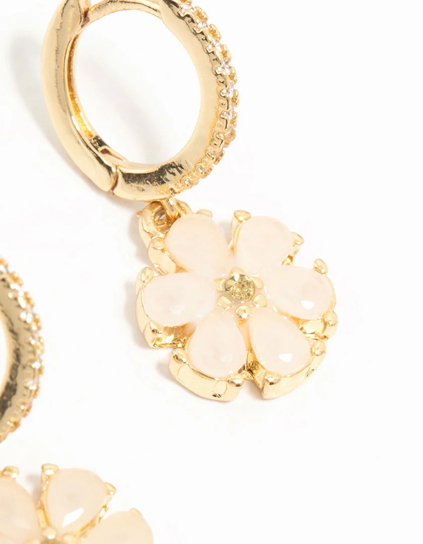 Gold Plated Pink Floral Cubic Zirconia Huggie Earrings - Image 5