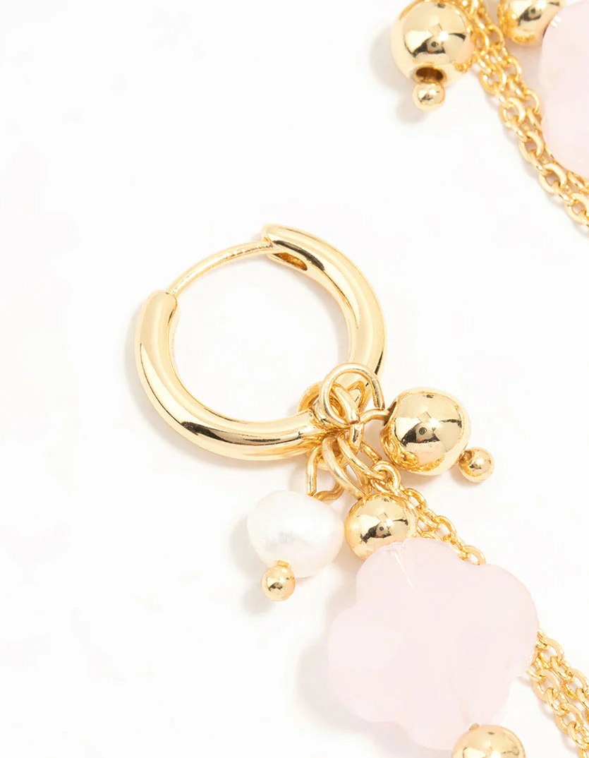Gold Plated Pink Stone & Pearl Huggie Earrings - Image 4