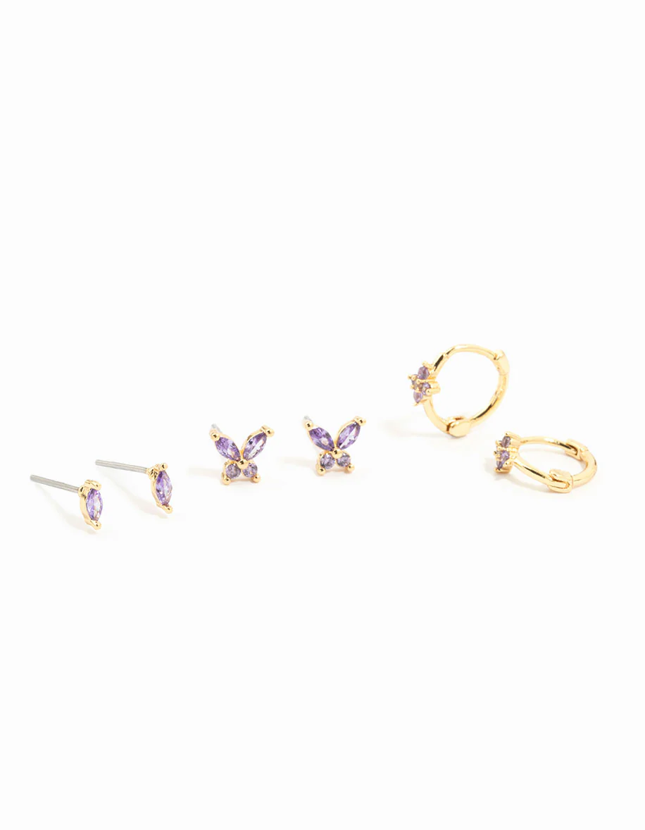 Gold Plated Purple Cubic Zirconia Butterfly Earrings 3-Pack