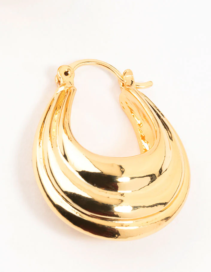Gold Plated Ribbed Chunky Hoop Earrings - Image 3