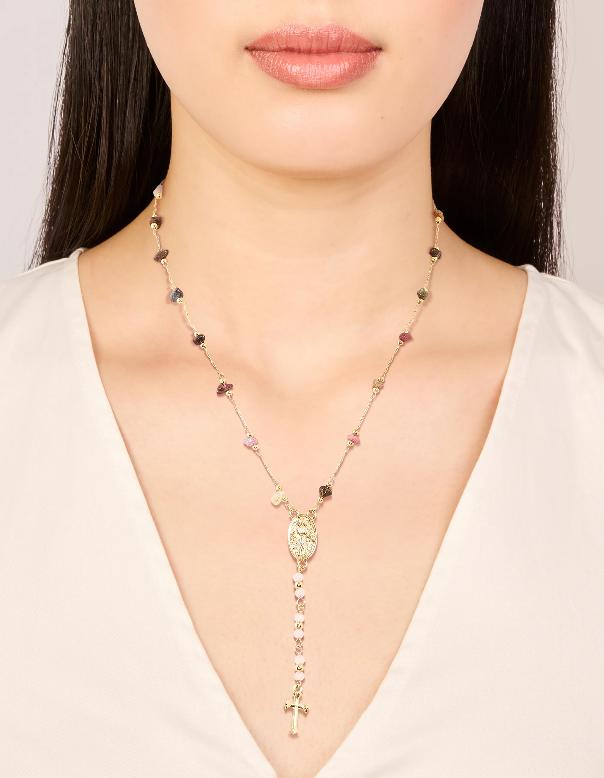 Gold Plated Semi Precious Dainty Cross Y-Necklace - Image 2