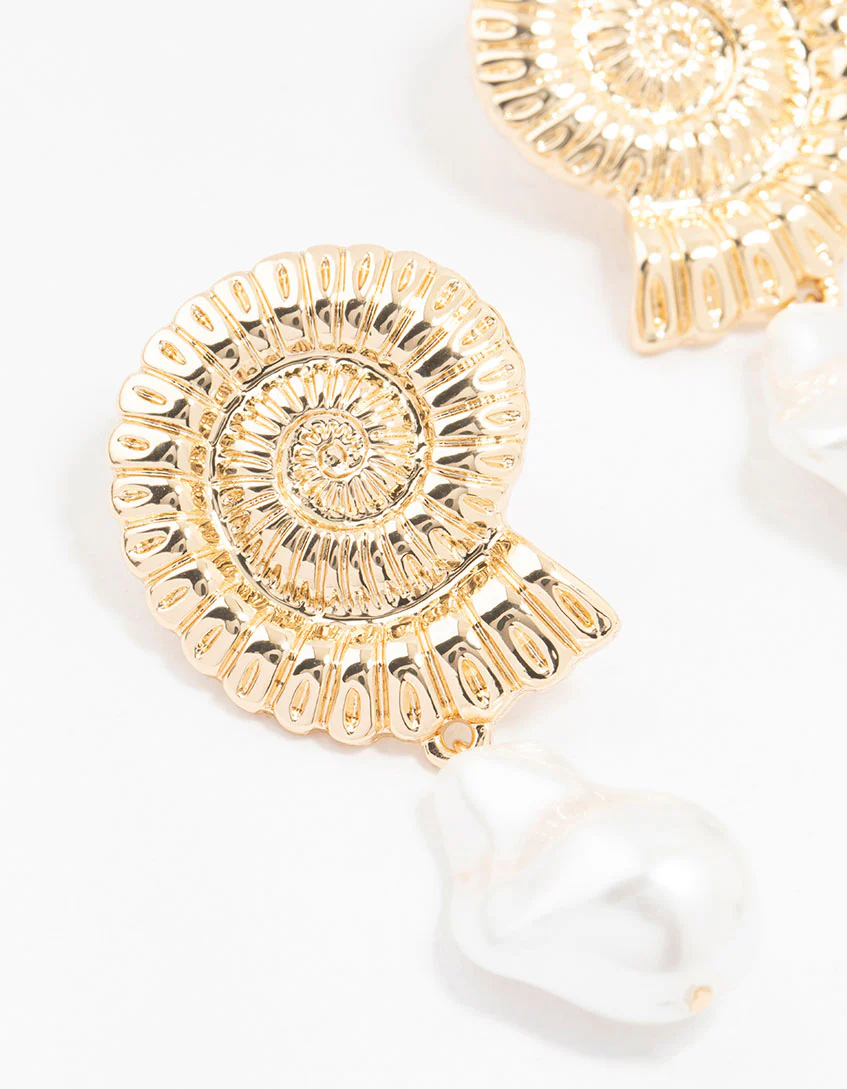 Gold Plated Shell And Pearls Drop Earrings - Image 2