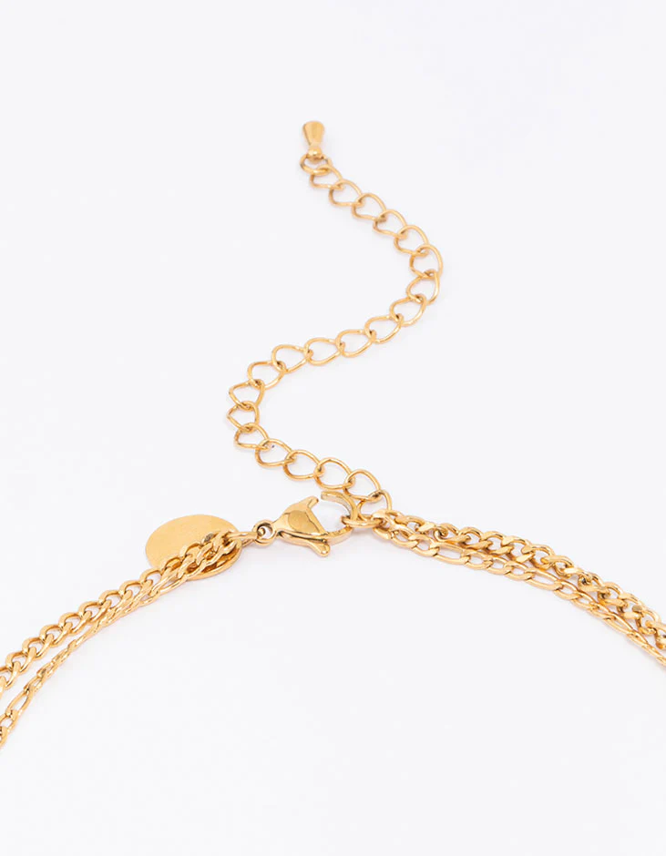 Waterproof Gold Plated Stainless Steel Layered Curb & Figaro Necklace - Image 3