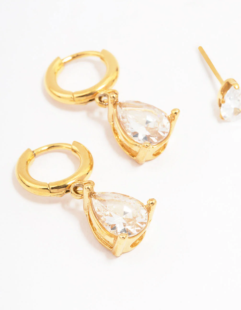 Waterproof Gold Plated Stainless Steel Pear Cut Cubic Zirconia Earrings 2-Pack - Image 4