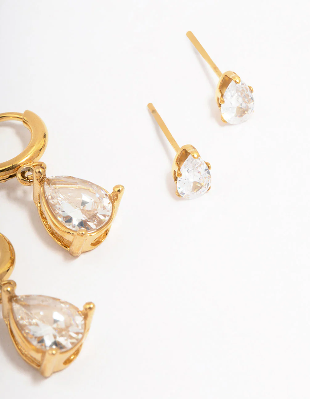 Waterproof Gold Plated Stainless Steel Pear Cut Cubic Zirconia Earrings 2-Pack - Image 5