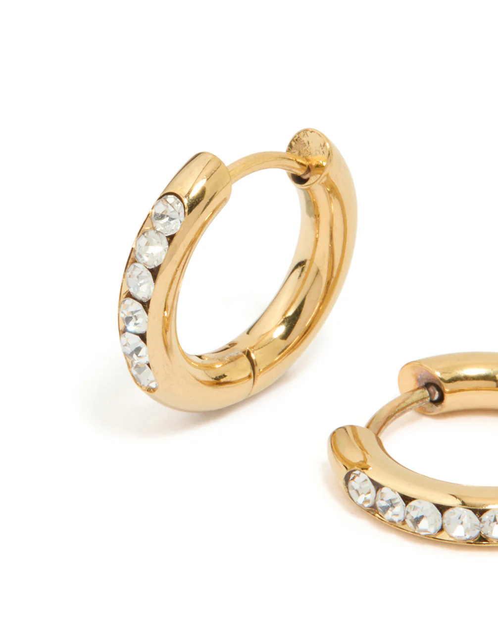 Waterproof Gold Plated Stainless Steel Round Diamante Clicker Hoop Earrings - Image 4