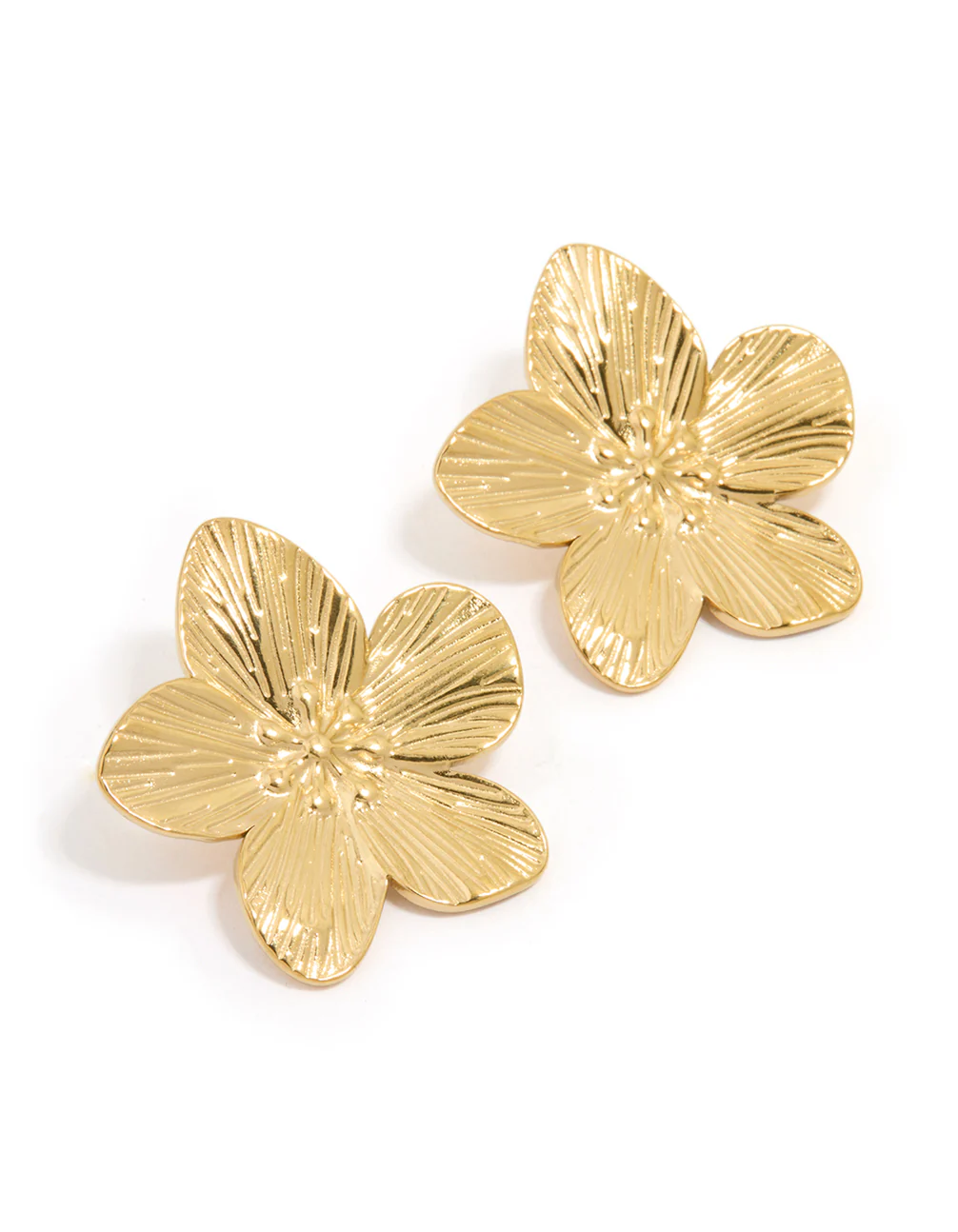 Waterproof Gold Plated Stainless Steel Textured Flower Stud Earrings - Image 2
