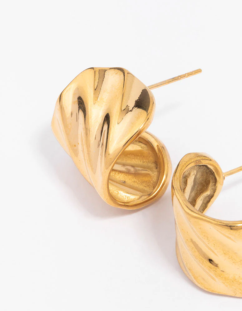 Waterproof Gold Plated Stainless Steel Wavy Wide Hoop Earrings - Image 2