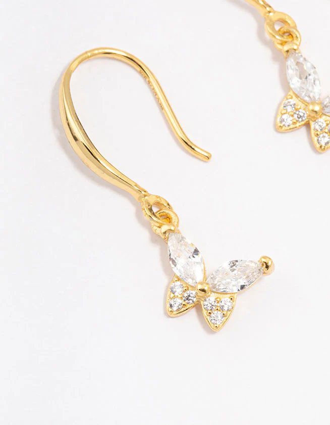 Gold Plated Sterling Silver Cubic Zirconia Butterfly Charm Earrings - Image 2