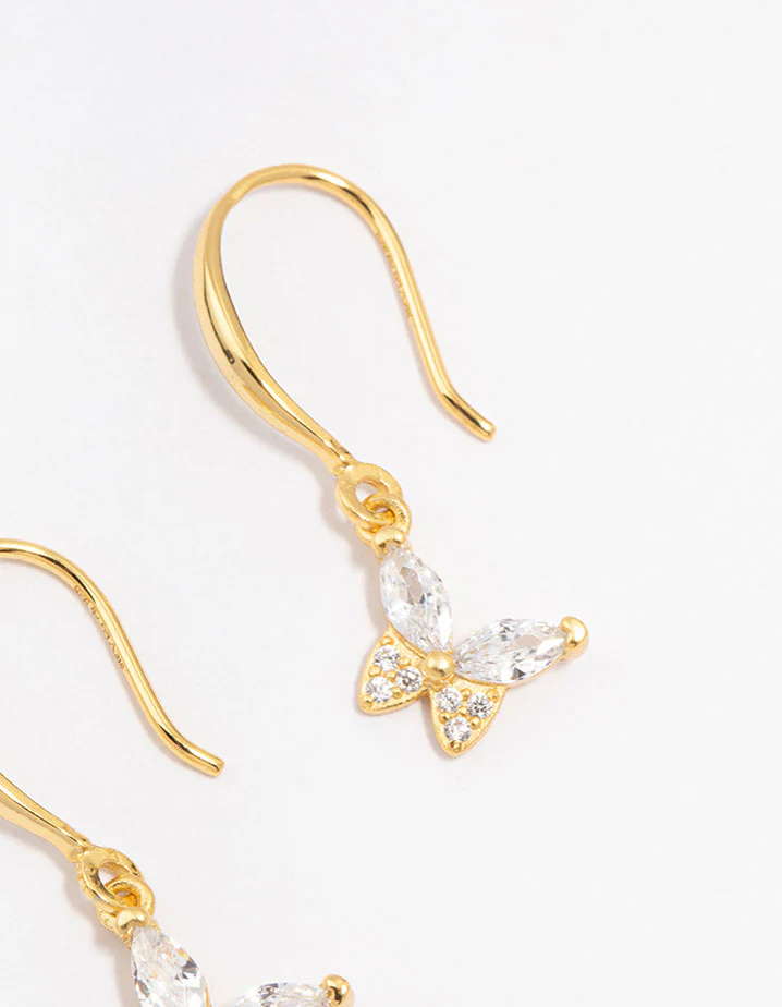 Gold Plated Sterling Silver Cubic Zirconia Butterfly Charm Earrings - Image 3