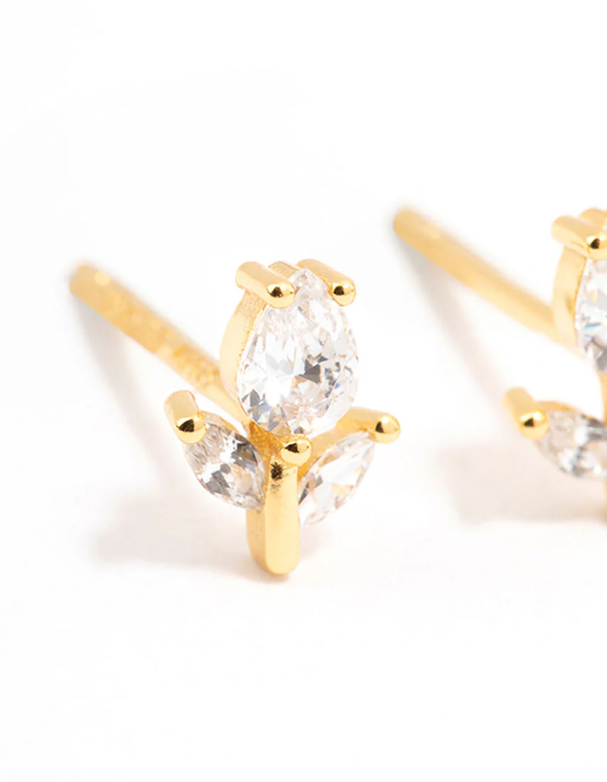 Gold Plated Sterling Silver Cubic Zirconia Flower Stem Stud Earrings - Image 2