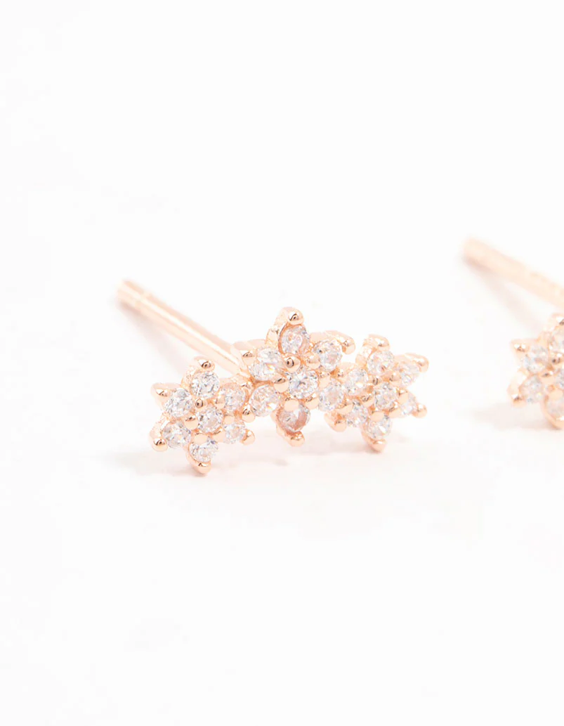 Gold Plated Sterling Silver Cubic Zirconia Flower Trio Stud Earrings - Image 2