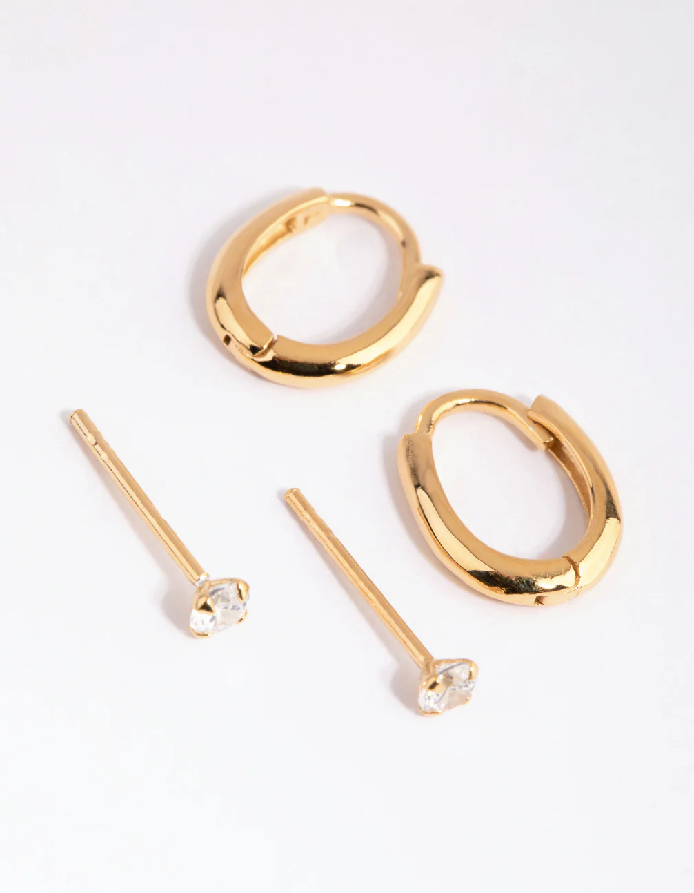 Gold Plated Sterling Silver Diamante & Oval Huggie Earring Pack - Image 3