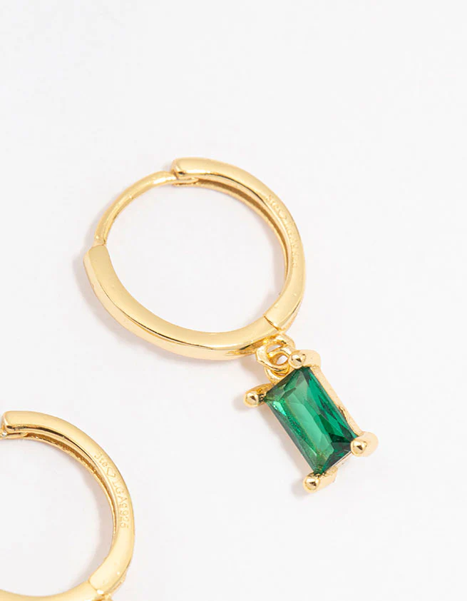 Gold Plated Sterling Silver Green Cubic Zirconia Baguette Hoop Earrings - Image 3