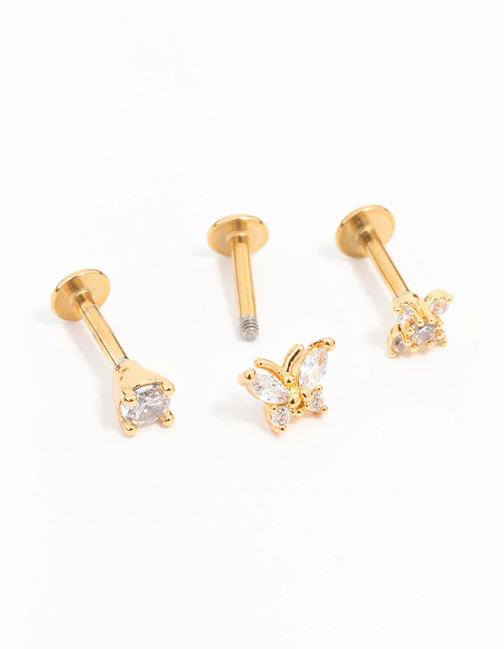 Gold Plated Surgical Steel Butterfly Flower Flat Back Earrings 3-Pack - Image 2