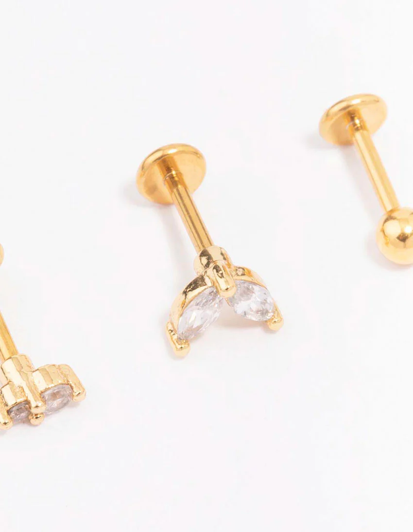 Gold Plated Surgical Steel Cubic Zirconia Double Marquise Flat Back 3-Pack - Image 2