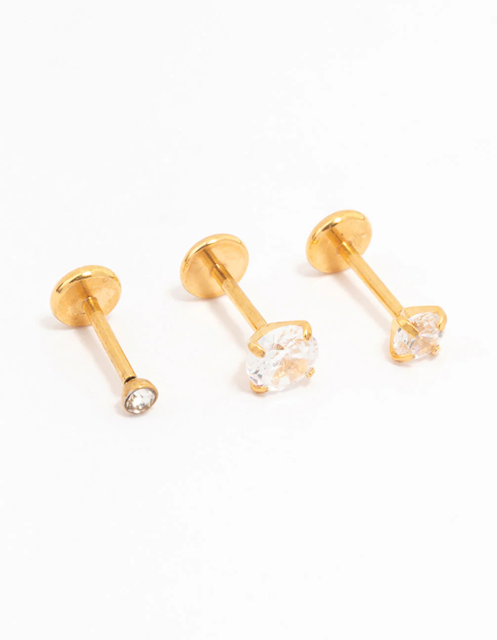 Gold Plated Surgical Steel Cubic Zirconia Threadless Flat Back Studs 3-Pack