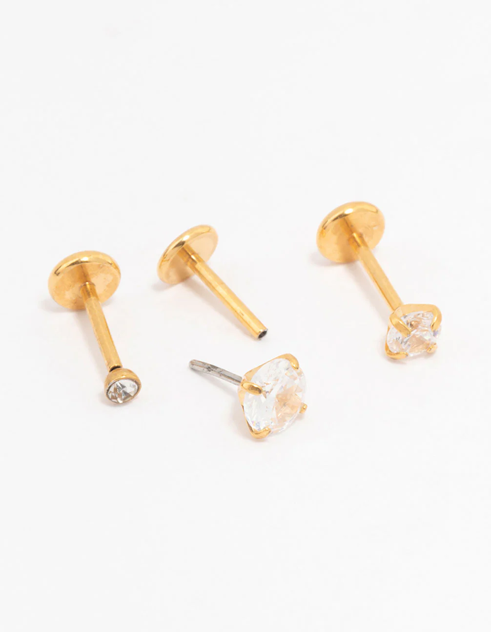 Gold Plated Surgical Steel Cubic Zirconia Threadless Flat Back Studs 3-Pack - Image 2