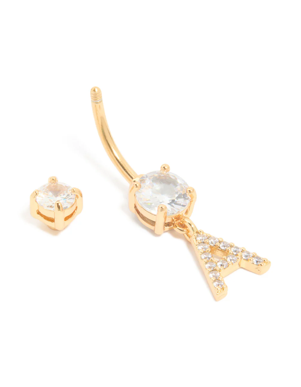 Gold Plated Surgical Steel Cubic Zirconia Pavé Letter A Belly Bar - Image 3
