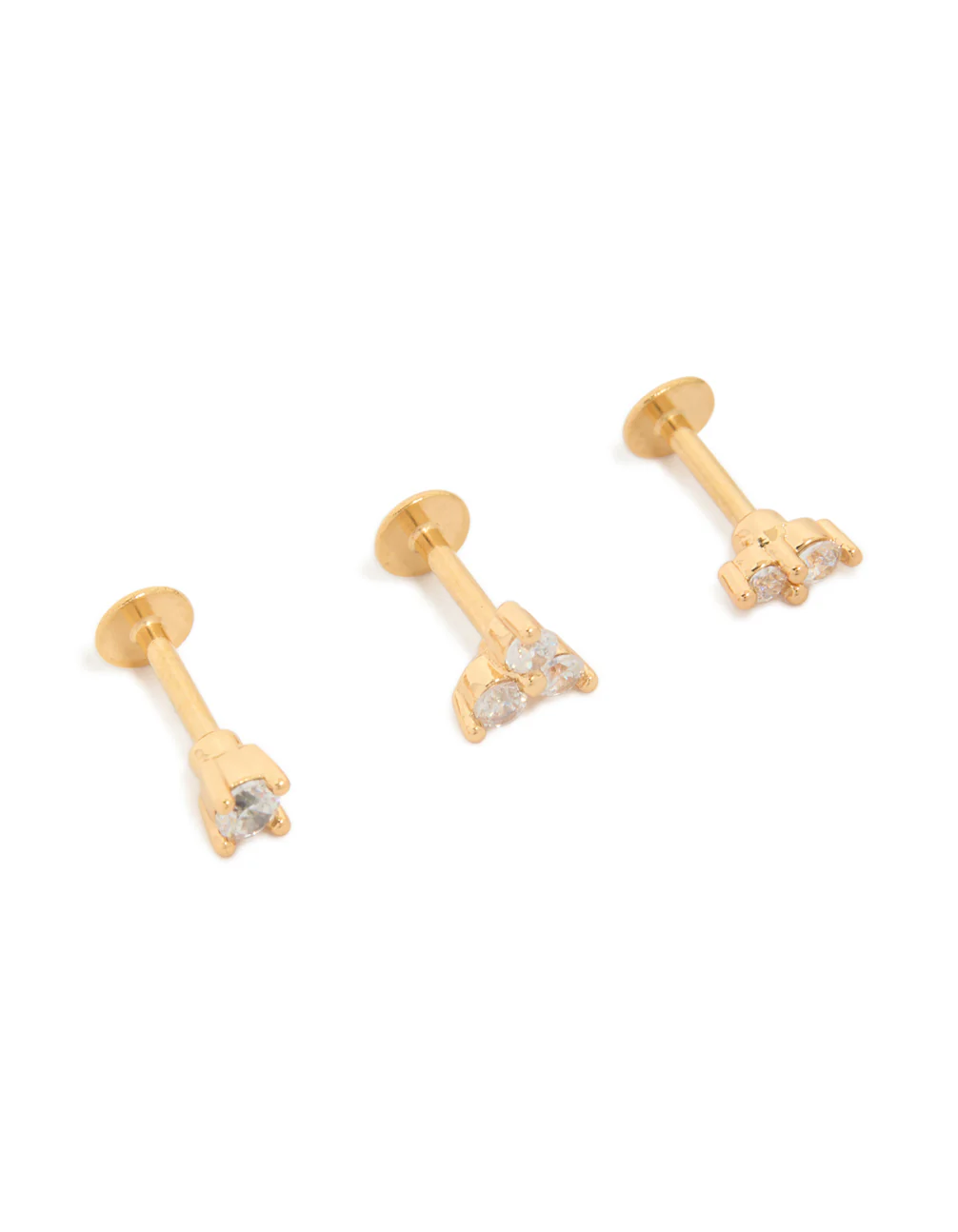 Gold Plated Surgical Steel Cubic Zirconia Round Flat Back Studs 3-Pack - Image 2