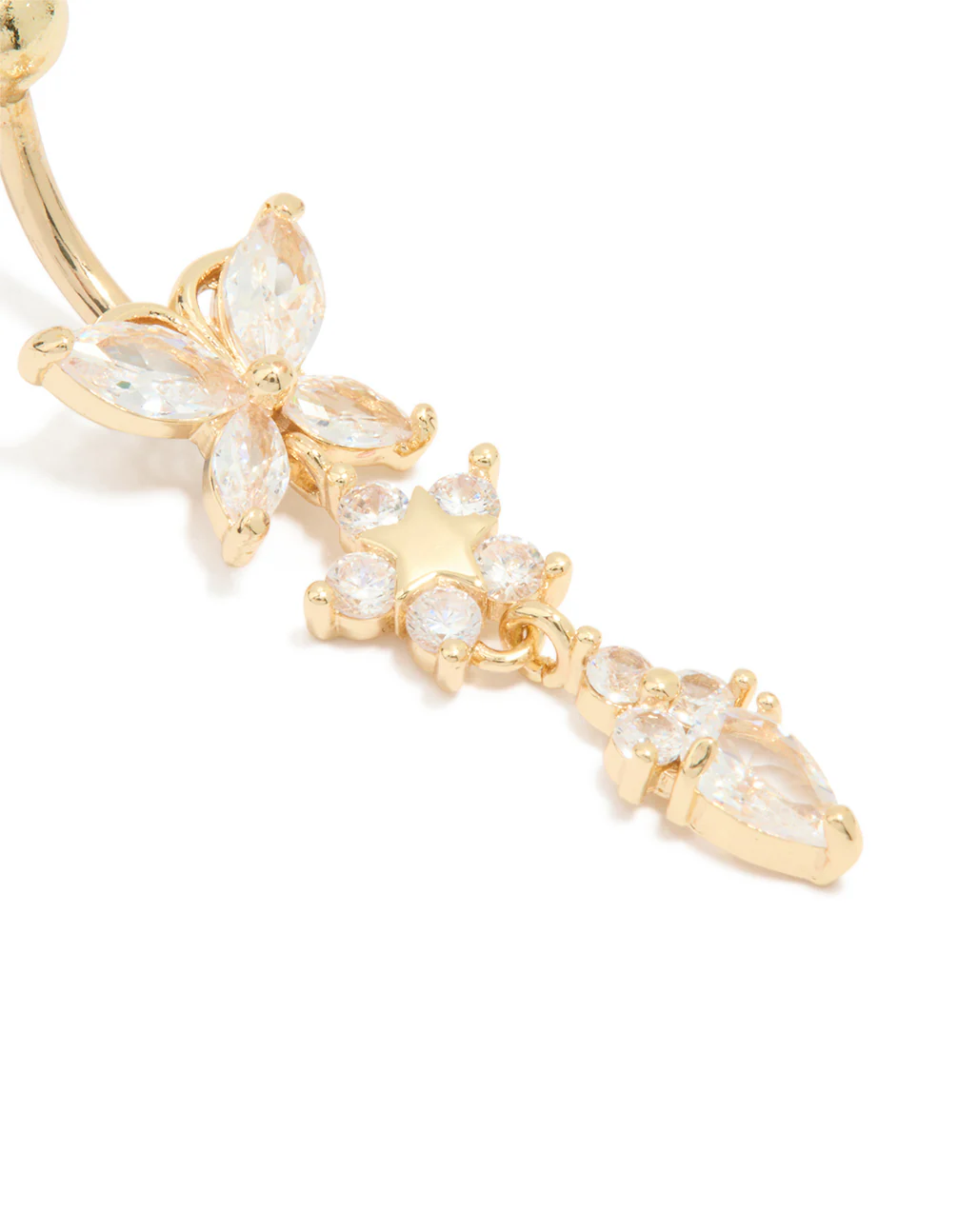 Gold Plated Surgical Steel Cubic Zirconia Triple Flower Belly Bar - Image 2