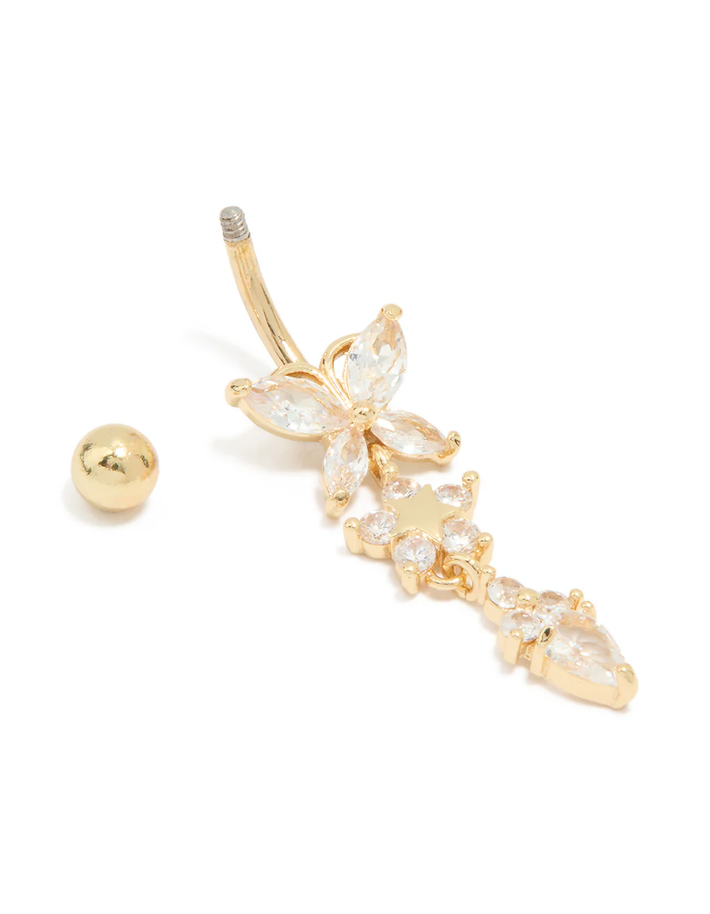 Gold Plated Surgical Steel Cubic Zirconia Triple Flower Belly Bar - Image 3