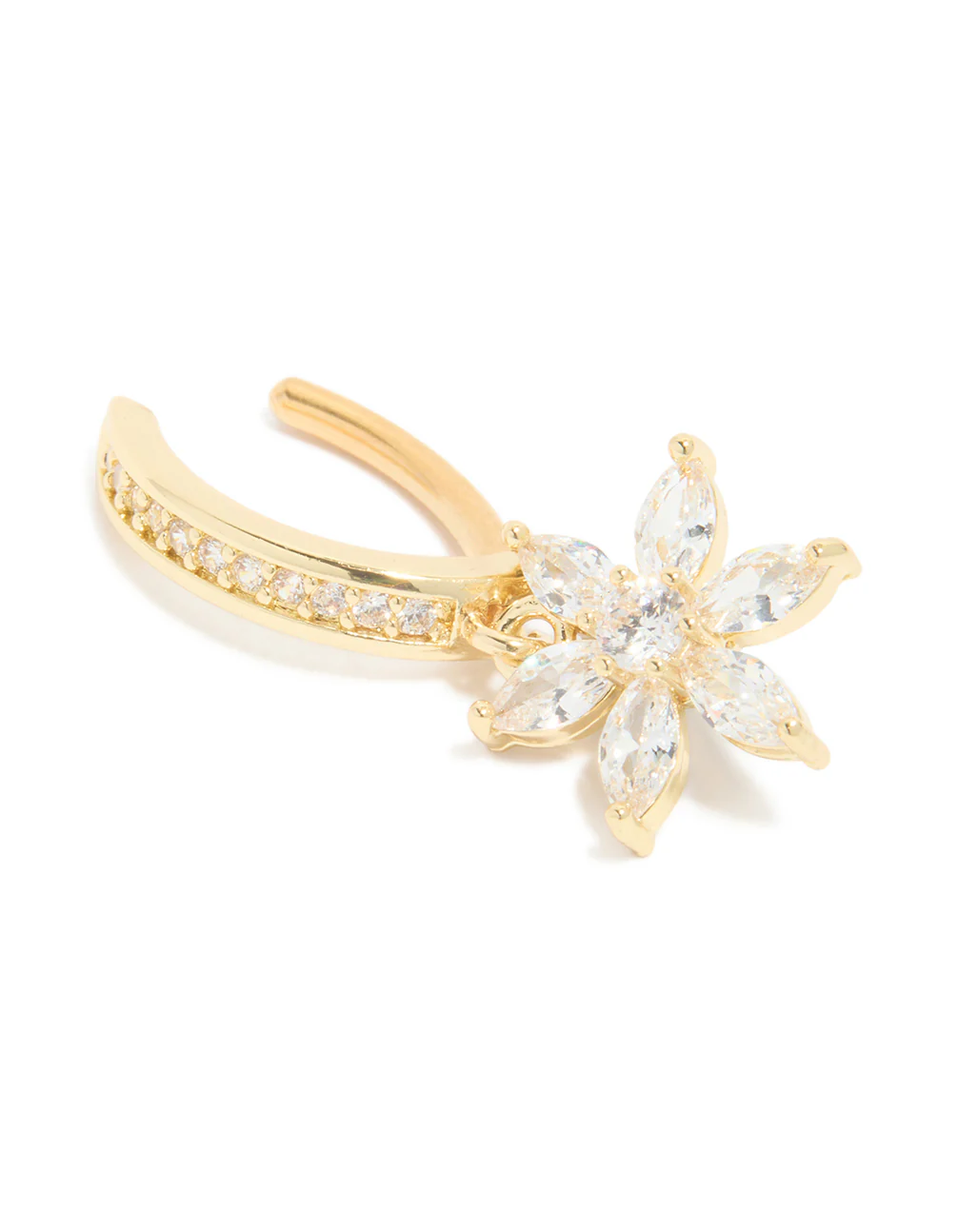 Gold Plated Surgical Steel Curved Cubic Zirconia Flower Belly Ring - Image 2