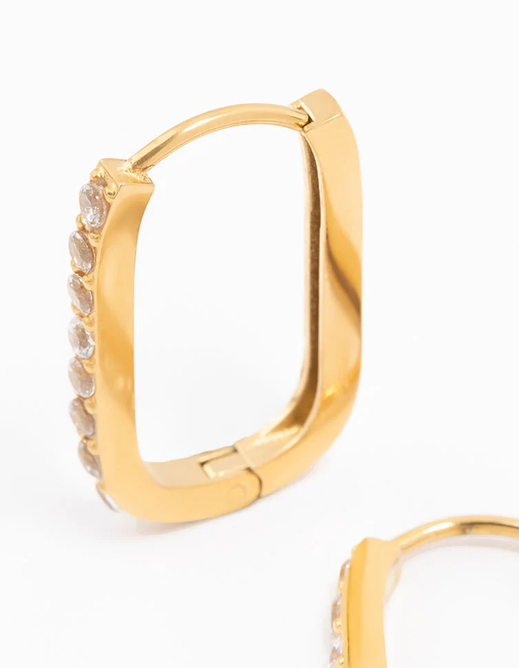 Gold Plated Surgical Steel Diamante Oval Hoop Earrings - Image 2