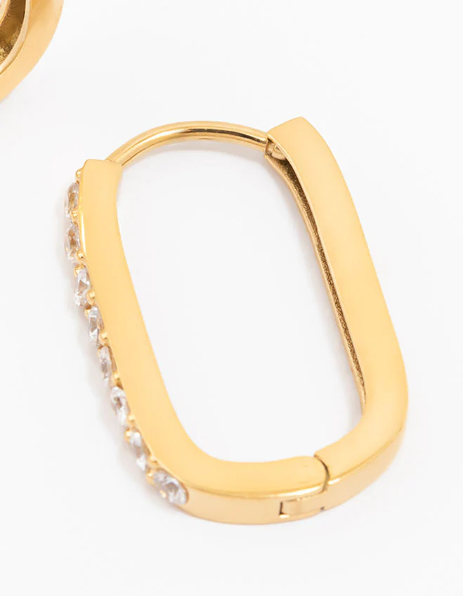Gold Plated Surgical Steel Diamante Oval Hoop Earrings - Image 3