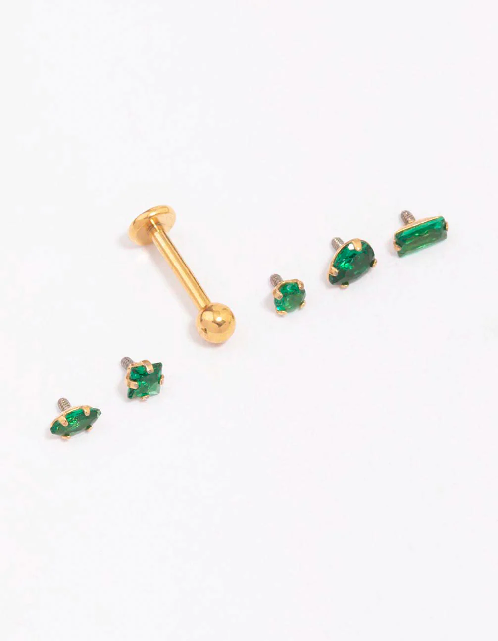 Gold Plated Surgical Steel Single Flat Back Bar & Emerald Stone Interchangeable Ends 6-Pack
